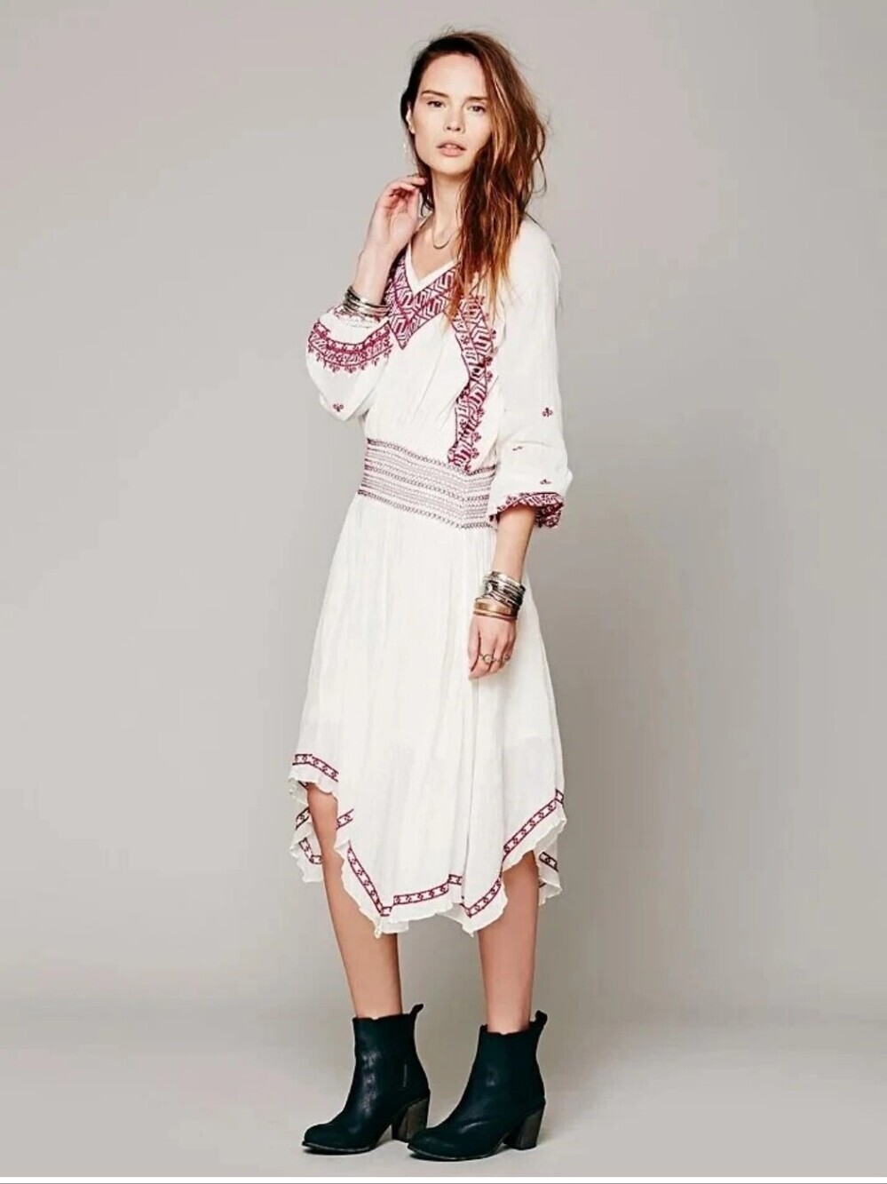 Free People Neo Folk Sz Xs midi dress peasant embroidered flowy